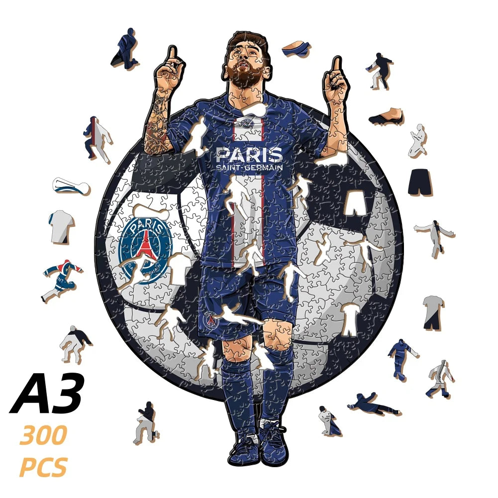 Wooden 300-piece football puzzle with blue kit player artwork and floating figures