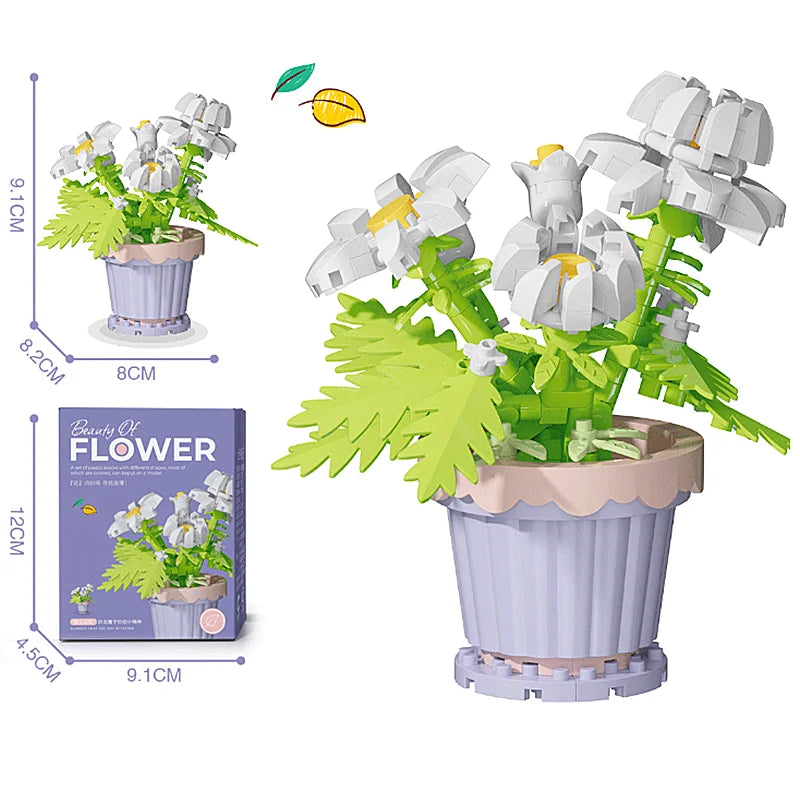 Flower pot building blocks set with assembled green flower and yellow centers in planter