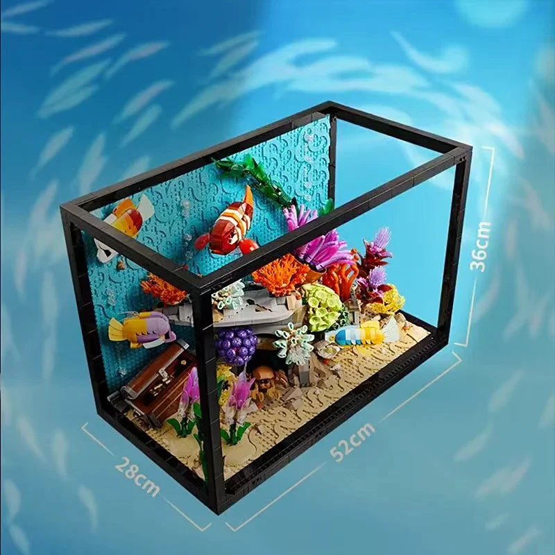 Black aquarium building set with size callouts and coral reef scene