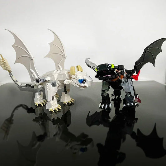 Dragon construction set duo, white and black builds with wings and claw feet