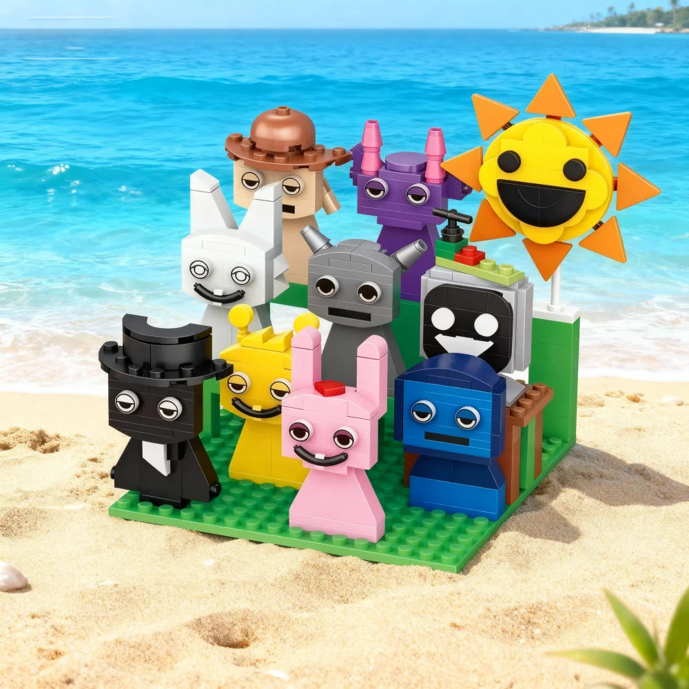 Group of colorful block robot and animal-like character figures with expressive faces