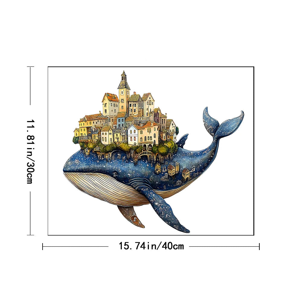 Wall decal of a whale with a town on its back, showing dimensions.