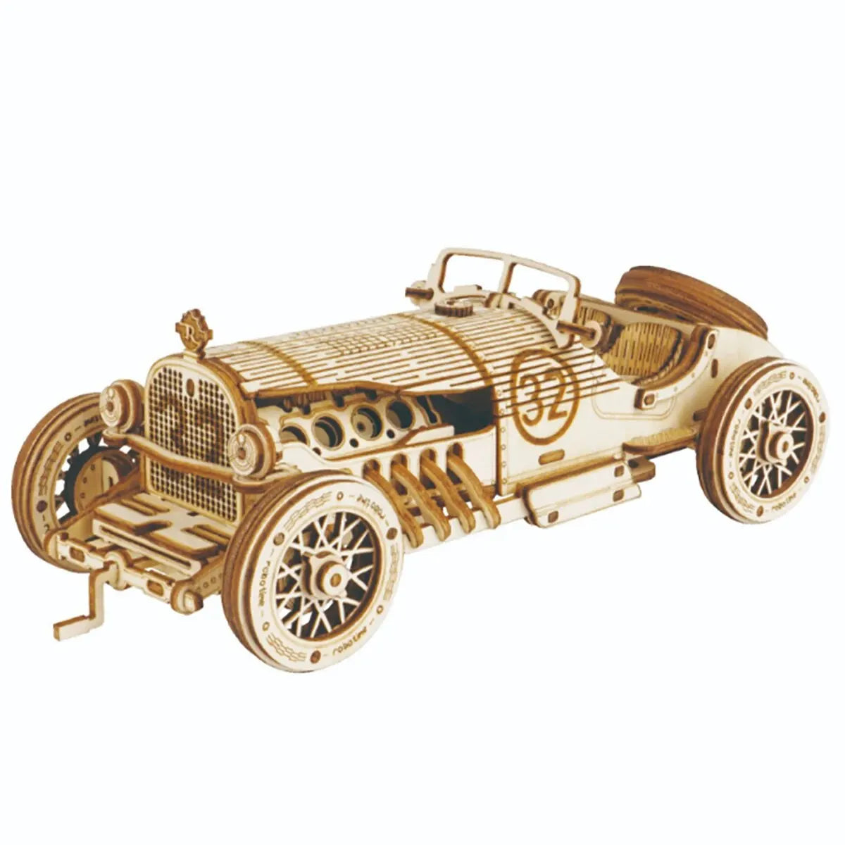 Wooden Grand Prix race car model in profile with grille and spoked wheels.