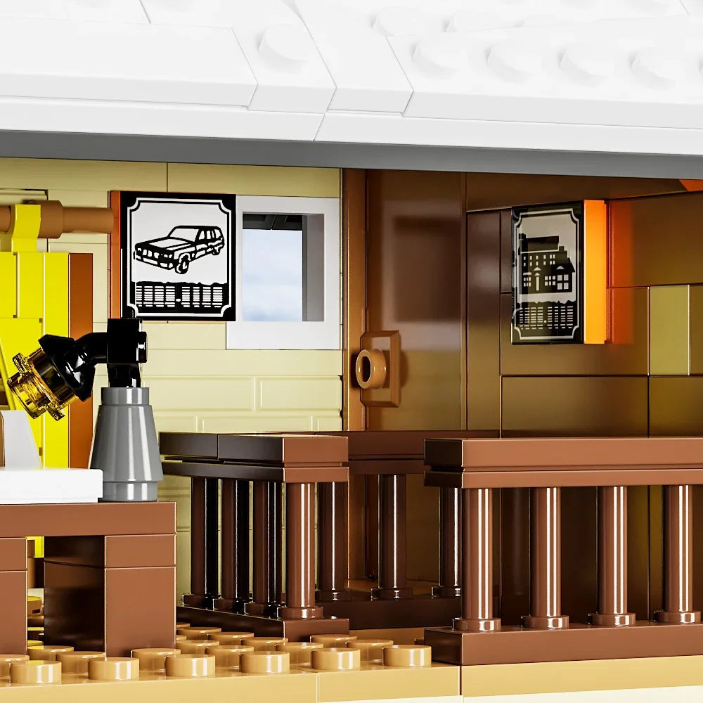 Winter cottage interior with wall frames, brown counter, and kettle on table