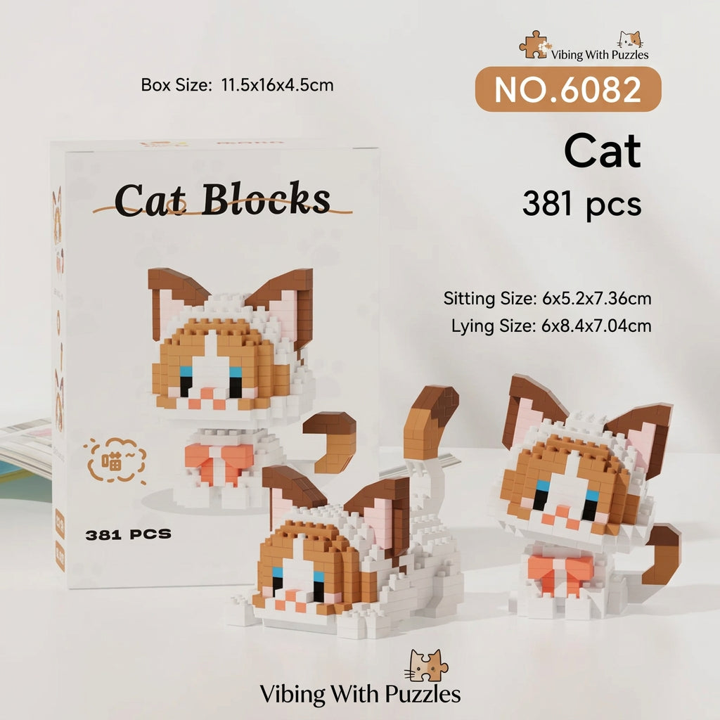 Cat blocks micro brick building set box with tan cat figure, 381 pieces