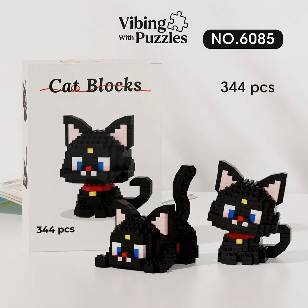 Cat blocks micro brick building set box with black cat figure, 344 pieces