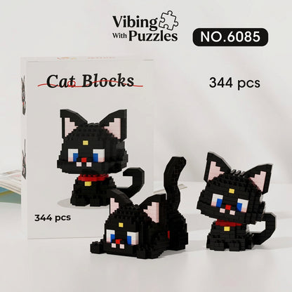 Cat blocks micro brick building set box with black cat figure, 344 pieces