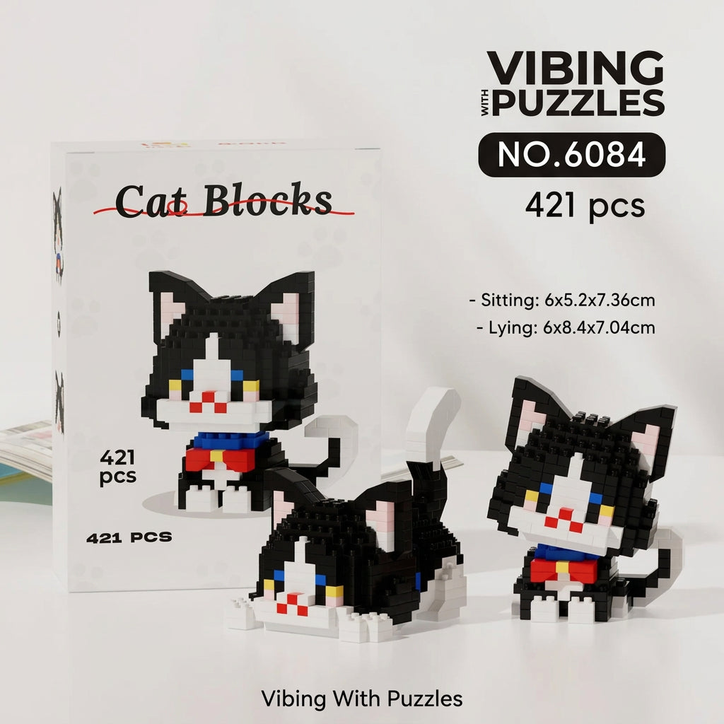Cat blocks micro brick building set box with black cat figure, 421 pieces