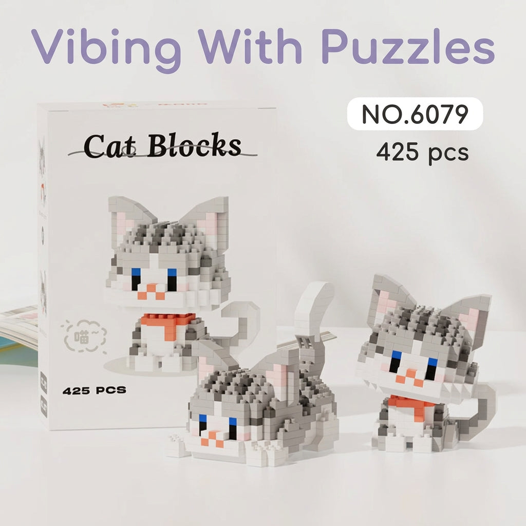 Cat blocks micro brick building set box with gray cat figure, 425 pieces