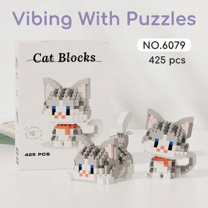 Cat blocks micro brick building set box with gray cat figure, 425 pieces