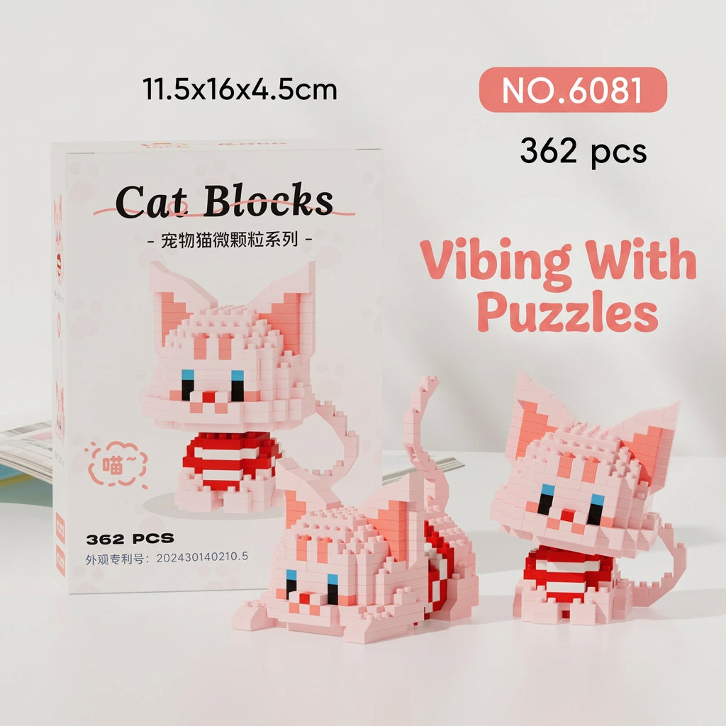 Cat blocks micro brick building set box with pink cat figure, 362 pieces