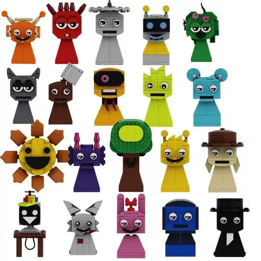 Collection of multiple block character figures with varied faces, hats, and colors