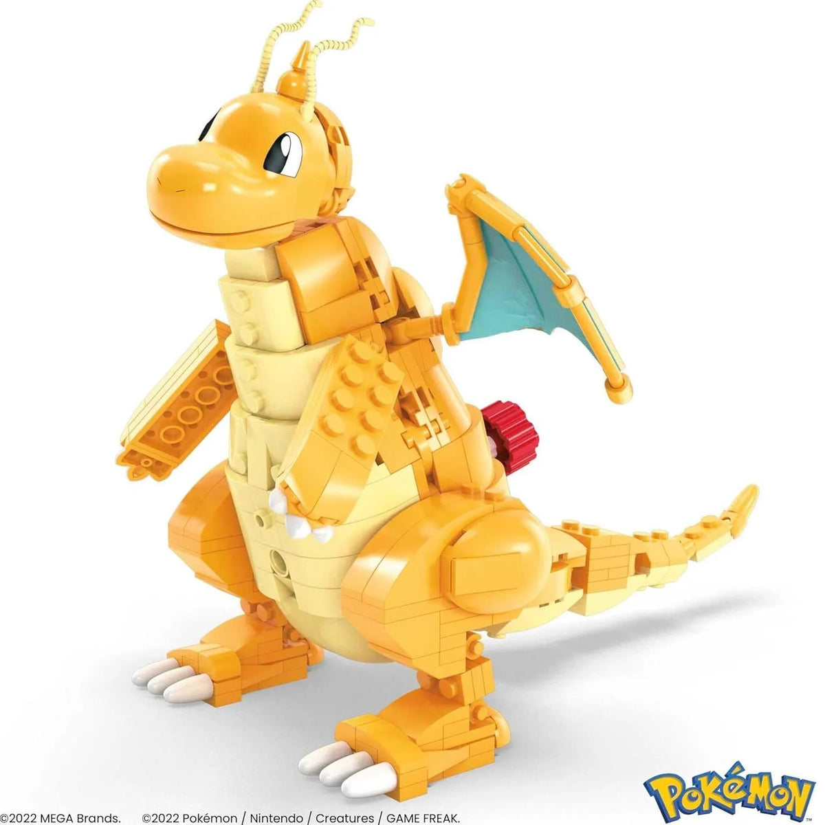 Dragonite building set assembled, yellow-orange dragon figure with wings and tail