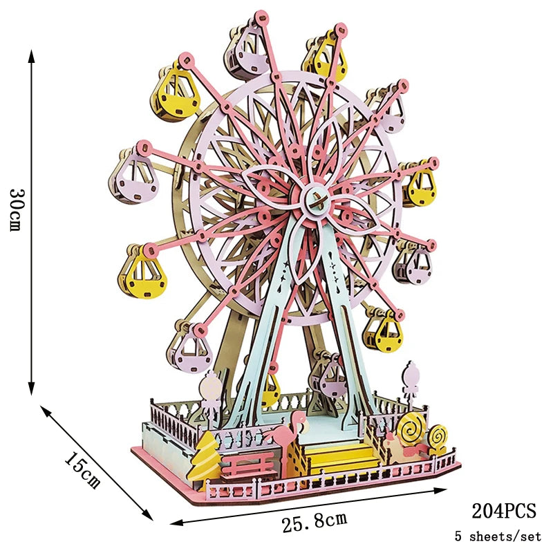 Wood 3D puzzle model of a colorful ferris wheel, pink and yellow details, 204 pieces