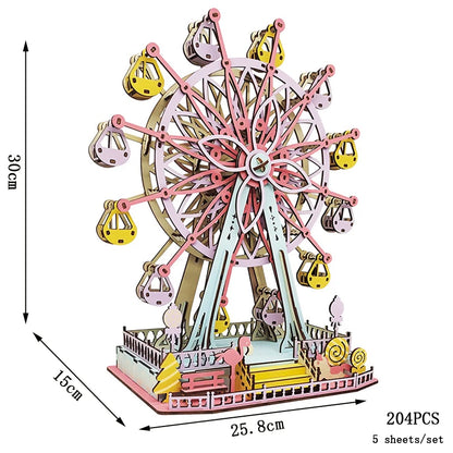 Wood 3D puzzle model of a colorful ferris wheel, pink and yellow details, 204 pieces
