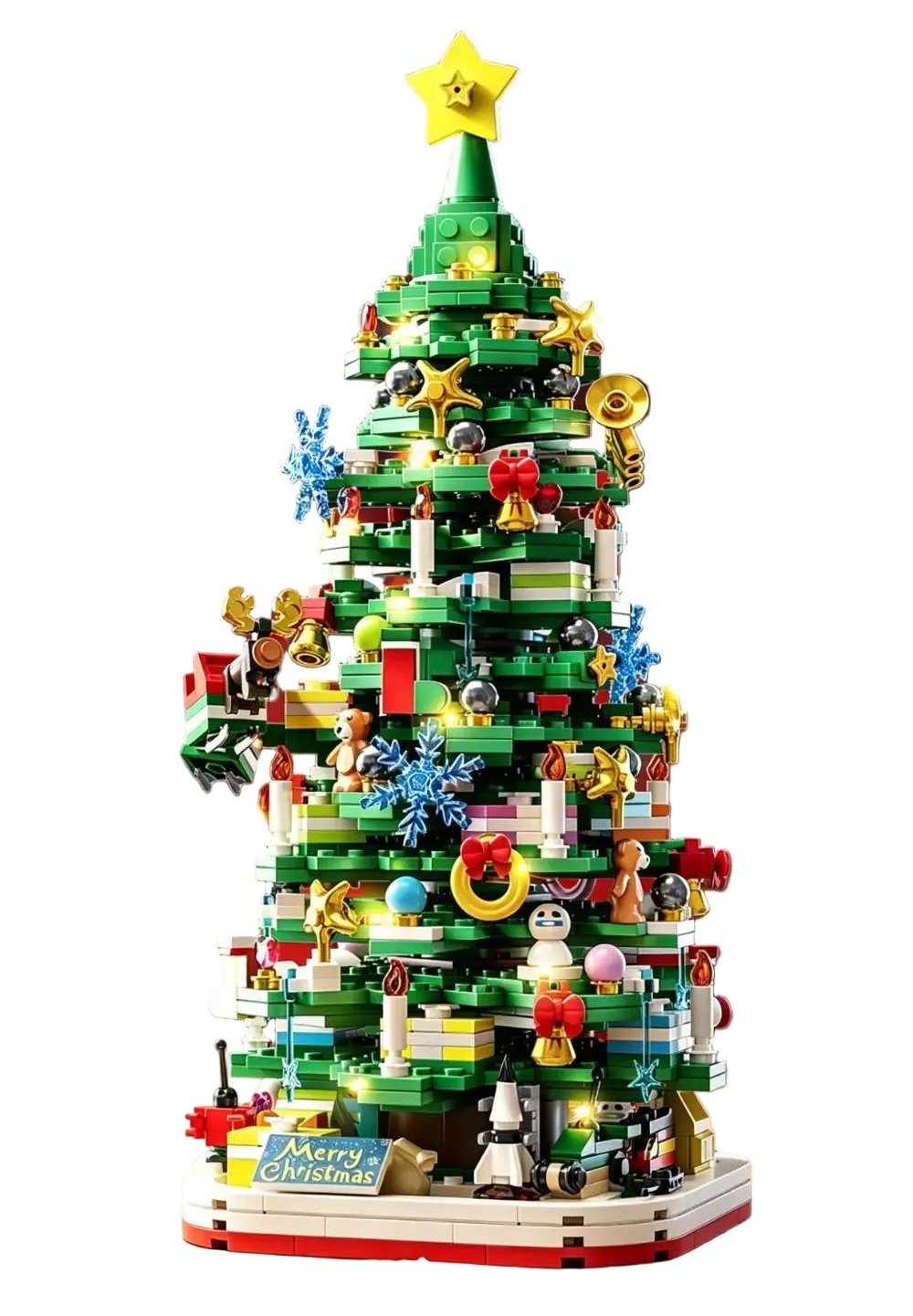 Decorated green Christmas tree building block set with lights and star topper