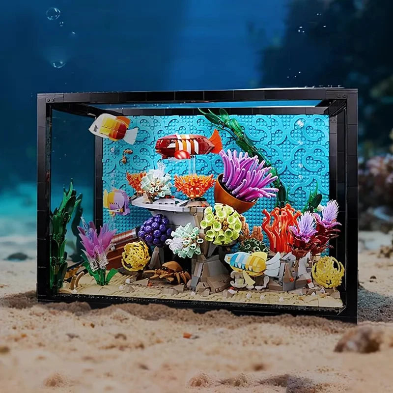 Aquarium building set with black frame showing coral reef and fish figures