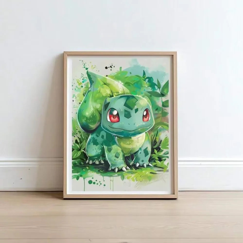 Framed watercolor print of a green creature character with red-eyed face
