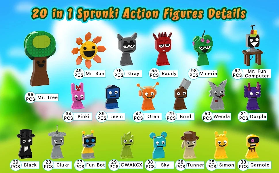 Block character figure assortment with different designs and labeled heads