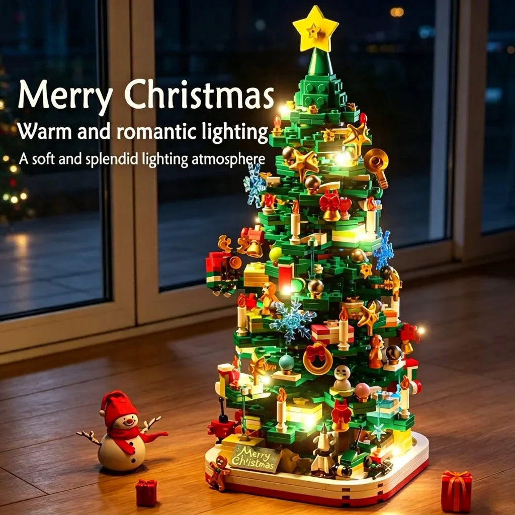Building block Christmas tree with glowing lights, ornaments, and a star topper