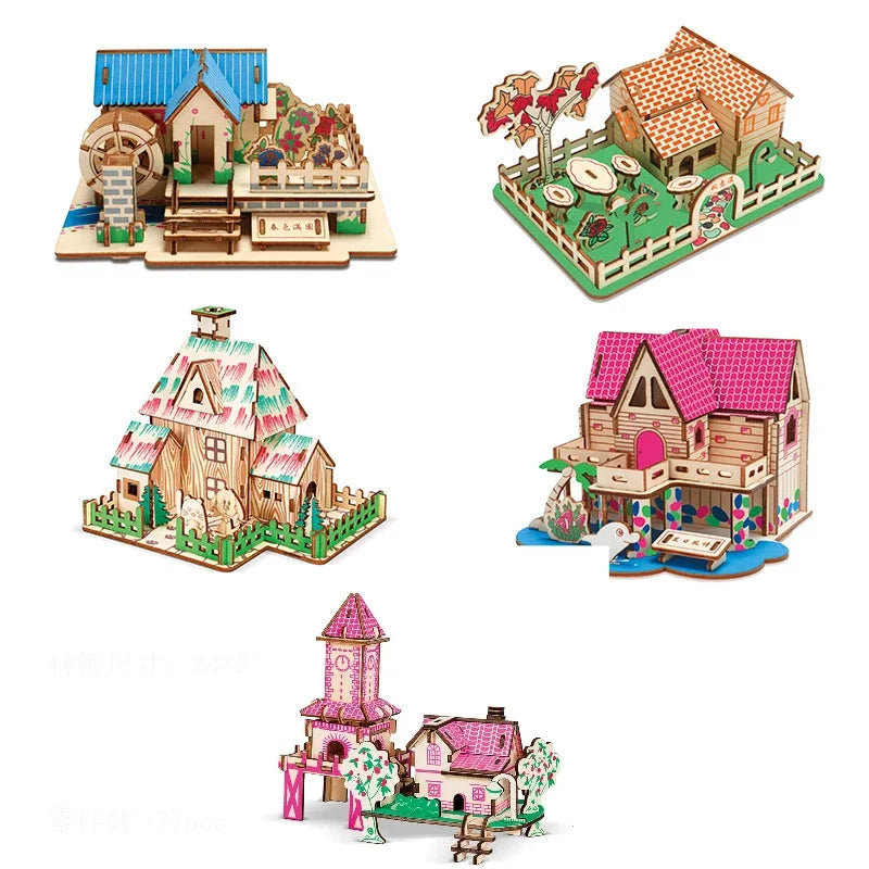 Wooden mini house models set with colorful roofs and front yard details