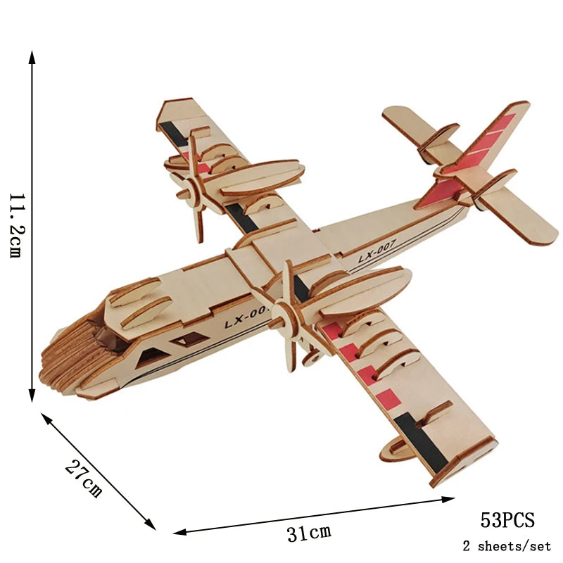 Wood-and-plywood airplane 3D wooden puzzle with propellers, 53 pieces