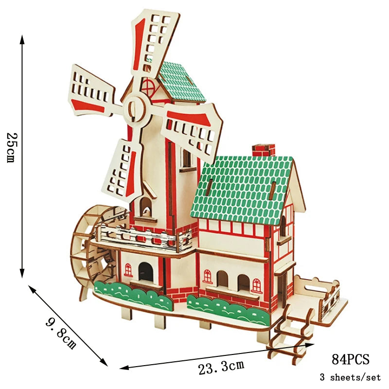 Red-and-green 3D wooden windmill building puzzle with tower and rooftop parts
