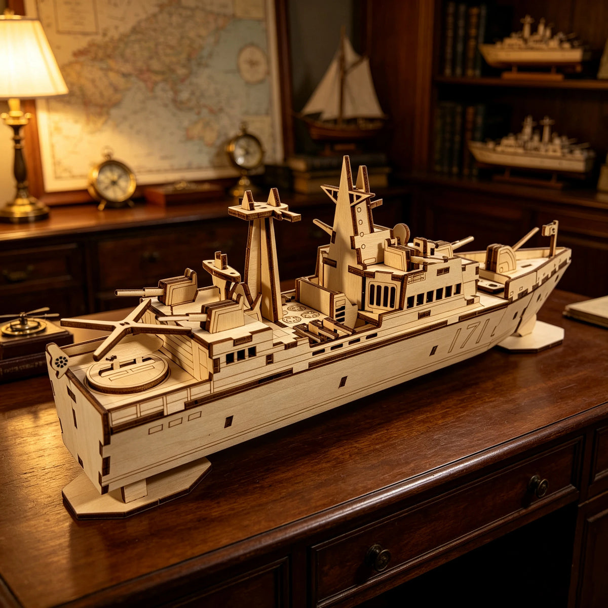 White wooden destroyer warship model kit with deck equipment and mounted cannons, front angle