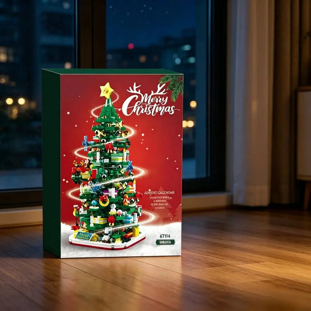 Box for a Christmas tree building block set, showing the decorated tree and lights