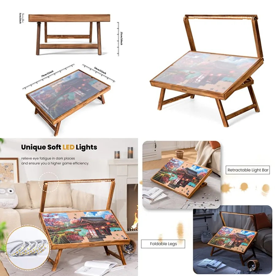 LED jigsaw puzzle table with wooden frame, lit top edge, foldable legs