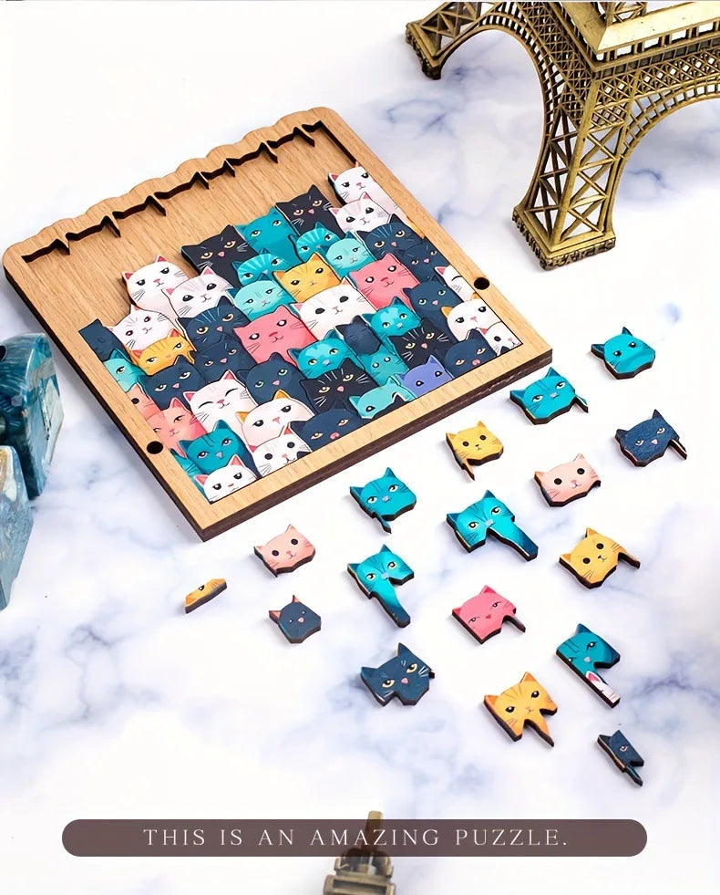 62-Piece Wooden Cat Puzzle – Colorful Cartoon Cats