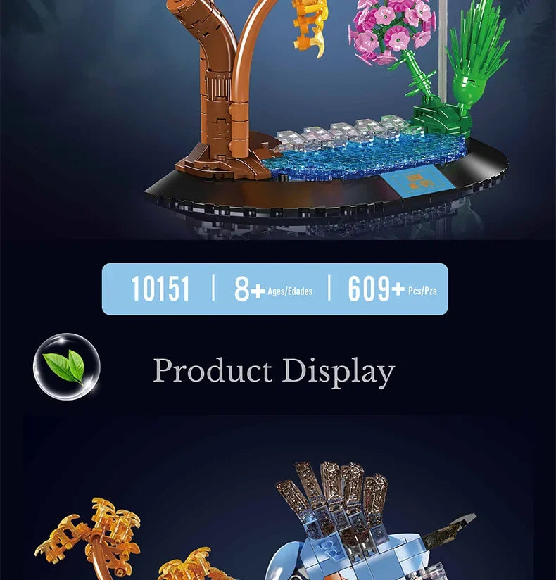Brick bird sculpture base with brown trunk, blue platform, pink blossoms and green plants
