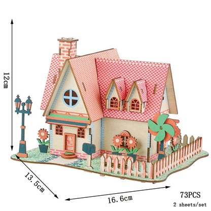 Colorful cottage house 3D wooden puzzle with lanterns and fence, 73 pieces