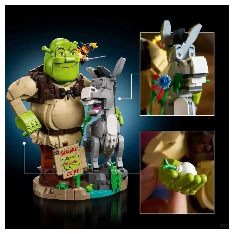 Brick build figurines collage: green ogre, white donkey, and sword-wielding rider