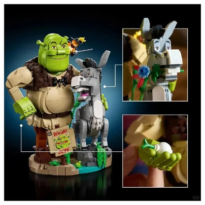 Brick build figurines collage: green ogre, white donkey, and sword-wielding rider