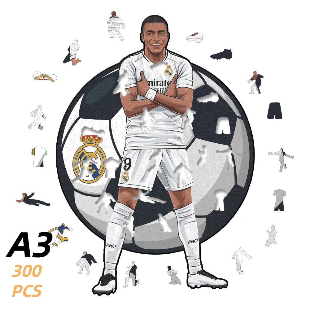 Wooden 300-piece football puzzle with white-kit player artwork on cover