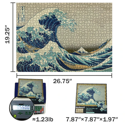 Jigsaw puzzle with a wave design, showing dimensions and weight.