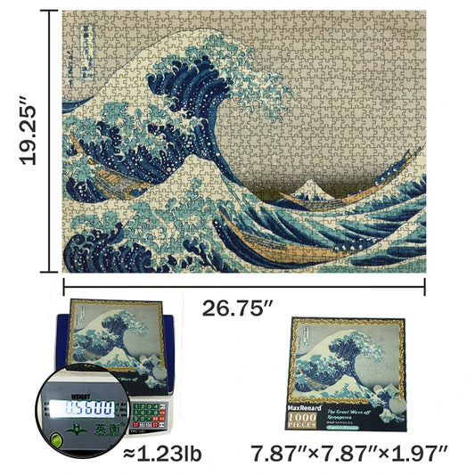Jigsaw puzzle with a wave design, showing dimensions and weight.