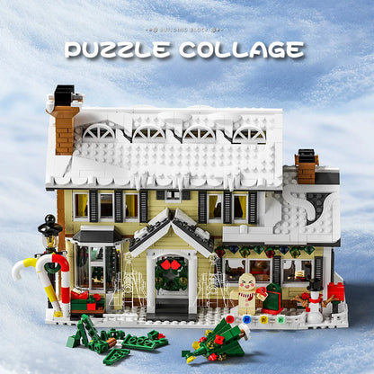 Brick-built winter cottage with snow roof, front porch, and holiday decorations