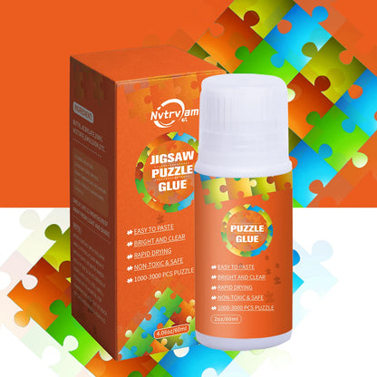 Glue bottle with orange label next to matching cardboard box