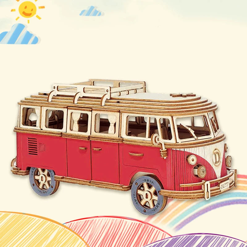 Red and cream 3D wooden bus puzzle model with wheels and decorative front