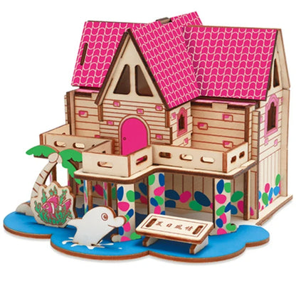 Wooden mini house model with pink roof, animal decor, colorful ground patterns