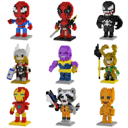 Mini brick superhero character figure display with multiple small builds on studded bases