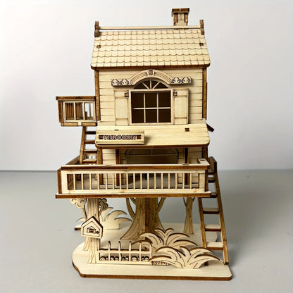 Wooden treehouse model with arched front window, porch, and ladder