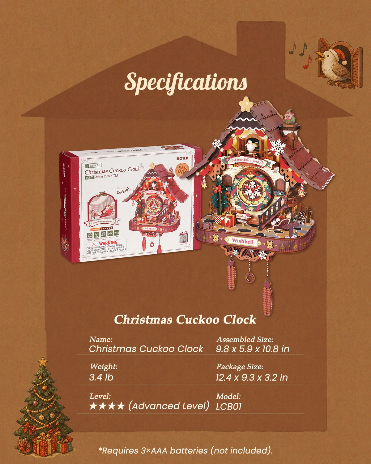 Christmas wooden cuckoo clock puzzle and retail box, with assembled size and specifications