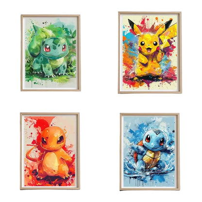 Set of four framed watercolor character prints with colorful splatter style