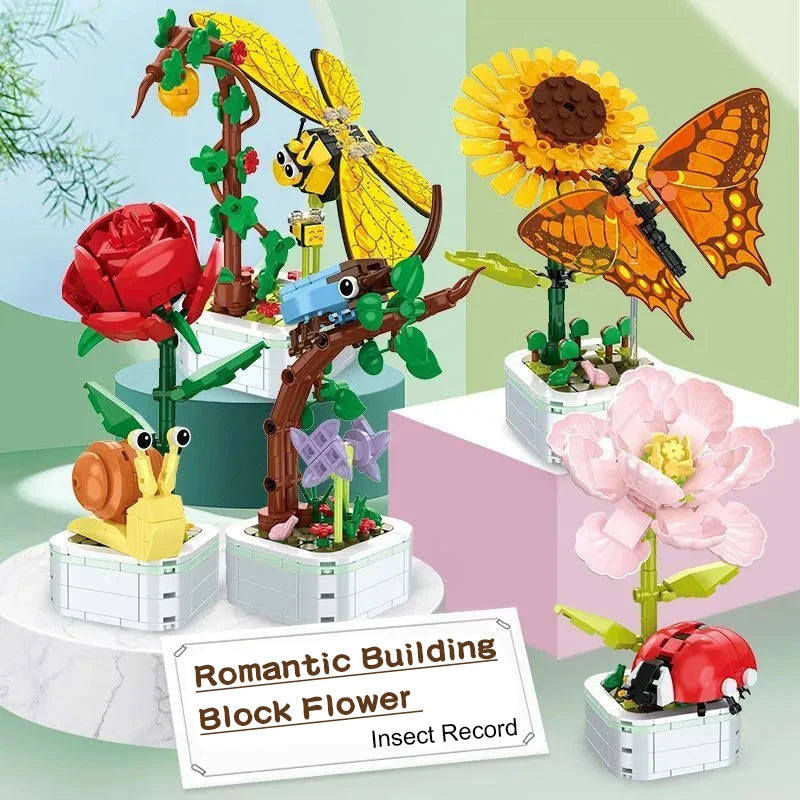 Butterfly and ladybug building sets with pink flowers and green stems on white bases