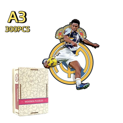 Wooden 300-piece football puzzle set with player graphic and cardboard box