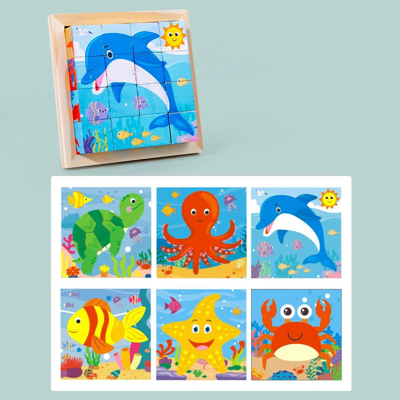 Wooden cube animal puzzle showing a dolphin tile and six ocean animal tiles