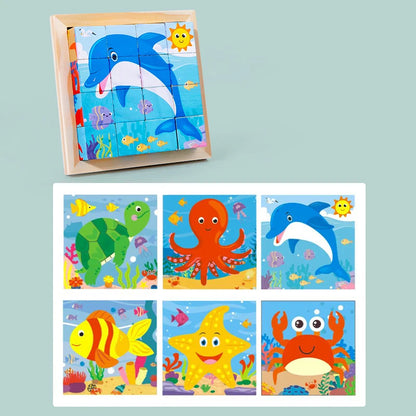 Wooden cube animal puzzle showing a dolphin tile and six ocean animal tiles
